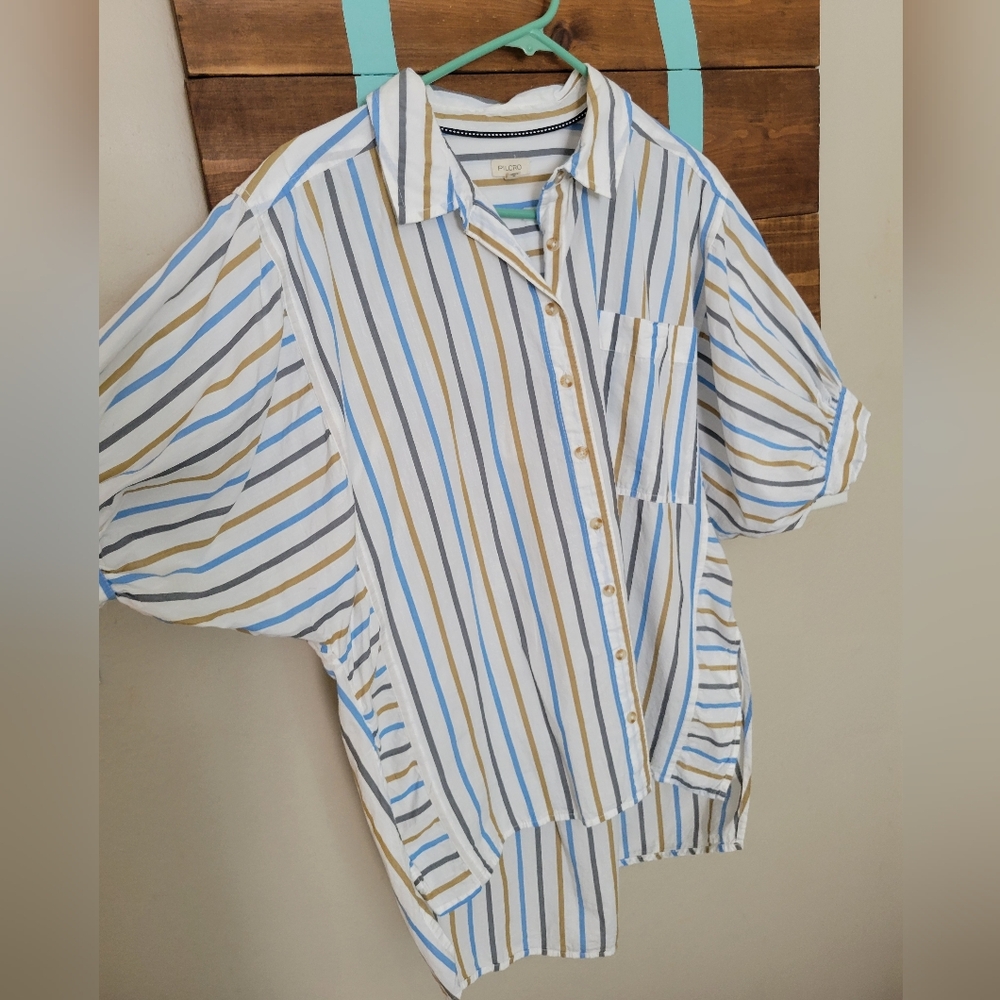 Pilcro Striped Oversized Puff Sleeves High Low Button Up Lightweight Top Size M - Picture 3 of 7